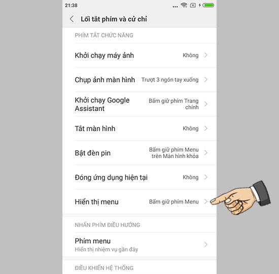 Gán phím hiển thị menu nhanh